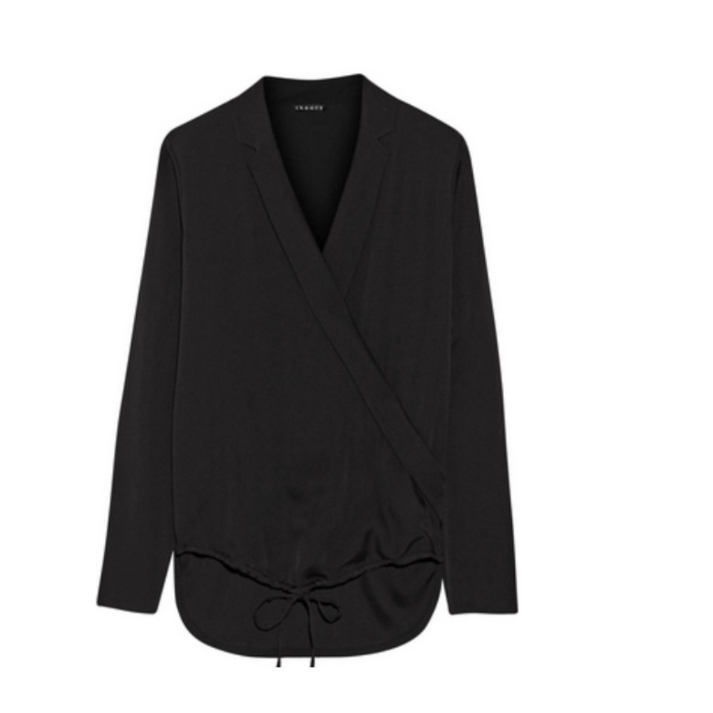 Theory Women 100% SILK Ilori Blouse Small Black Crepe de Chine Wrap Top Classic